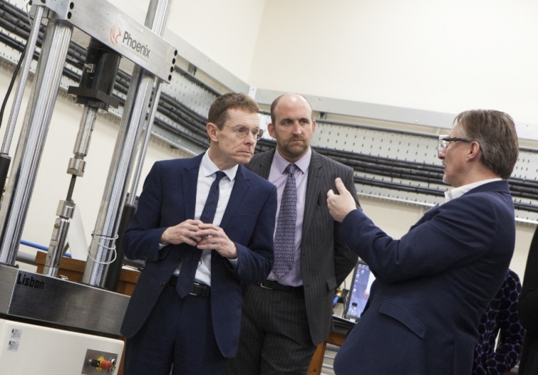 John Cross, General Manager of the Rubery Owen Materials Testing Division discusses the new laboratory with Mr Andy Street, the Mayor of the West Midlands and Richard Jenkins, Rubery Owen CEO