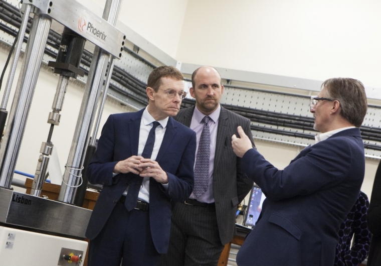 John Cross, General Manager of the Rubery Owen Materials Testing Division discusses the new laboratory with Mr Andy Street, the Mayor of the West Midlands and Richard Jenkins, Rubery Owen CEO